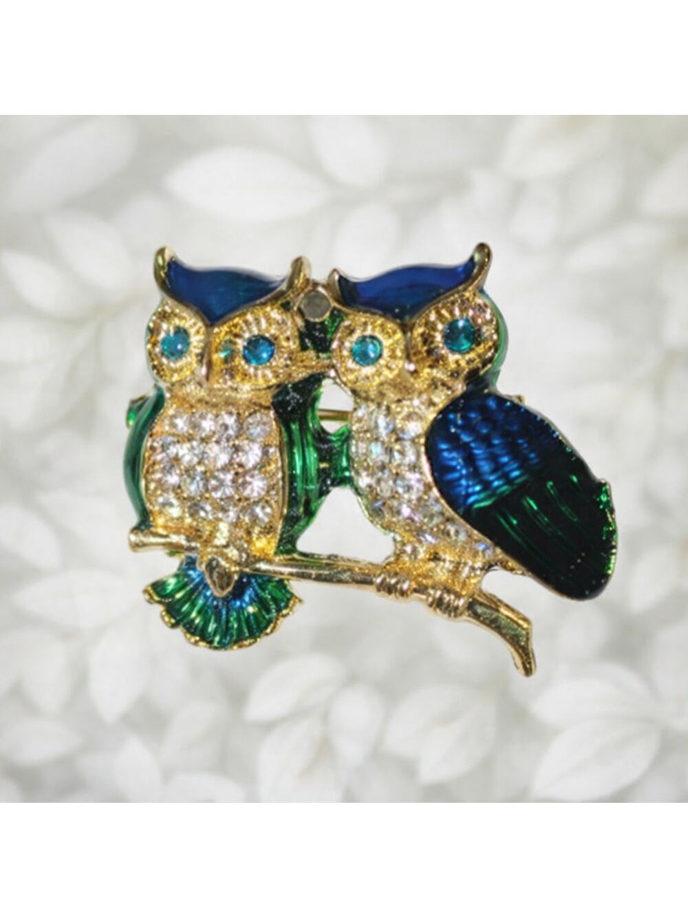 Gold Tone Owl Brooch Rhinestones Blue Crystals & Enamel Feathers